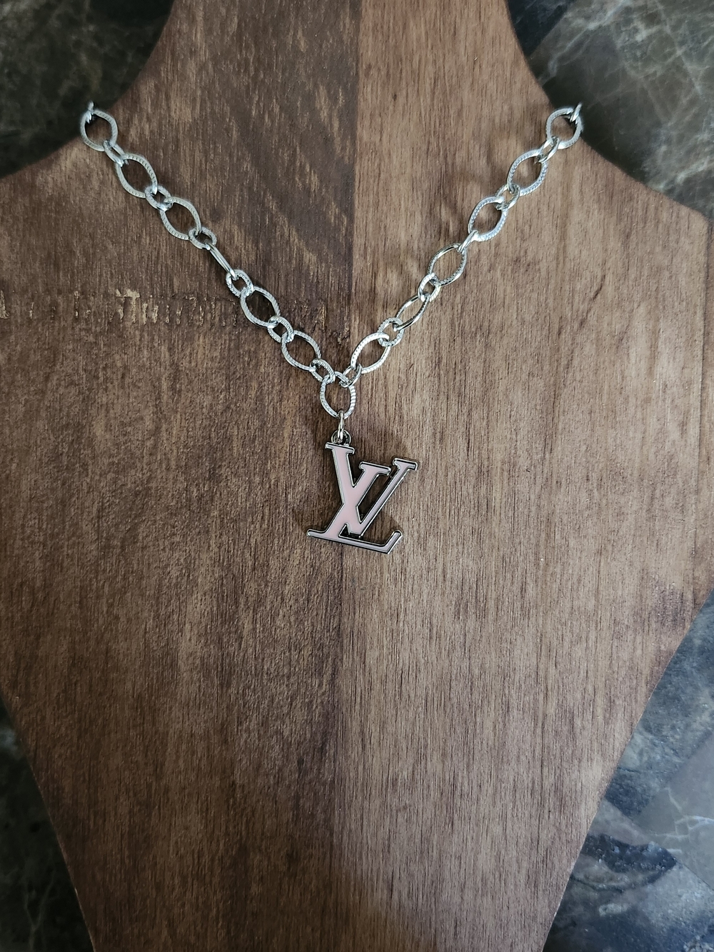 Silver Chain Necklace with Pink LV Pendant